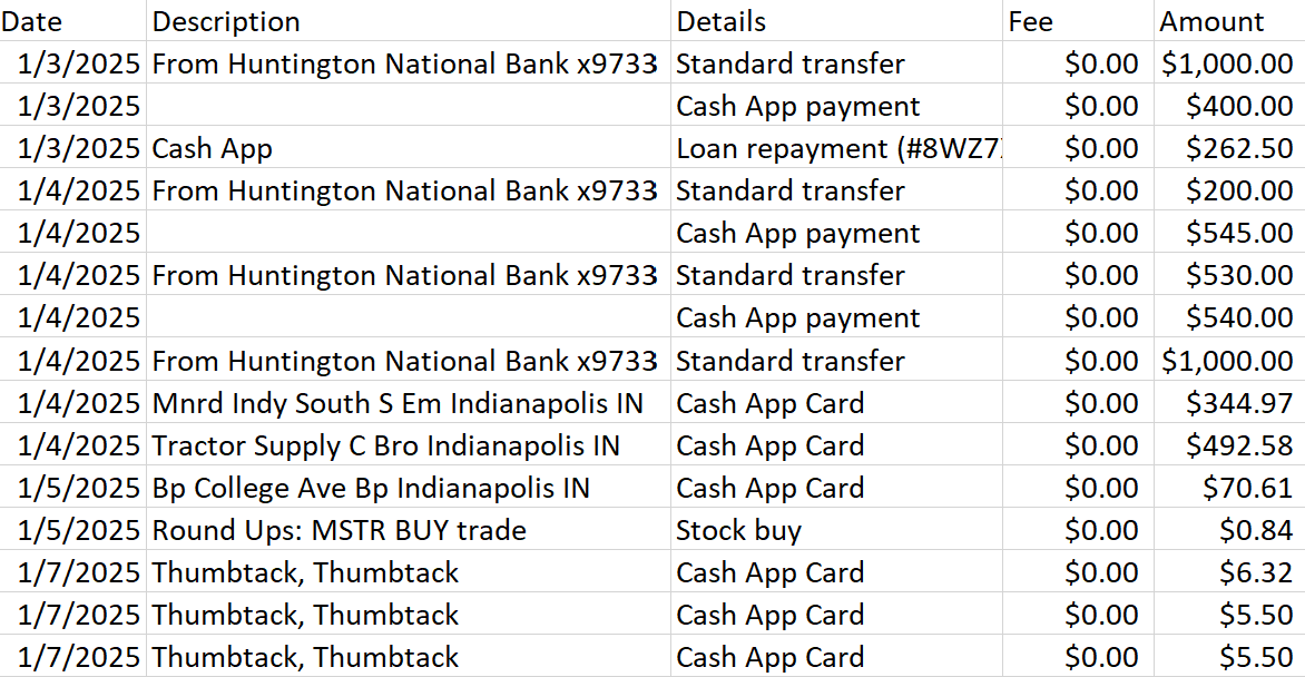 Clean CSV spreadsheet from Cash App statement